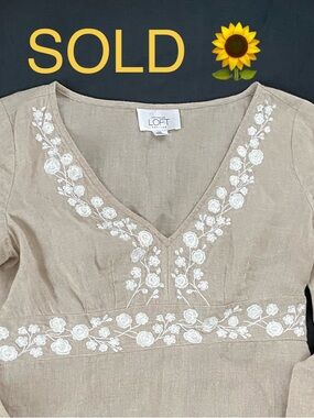 LOFT Petites Beige Linen Embroidered Top